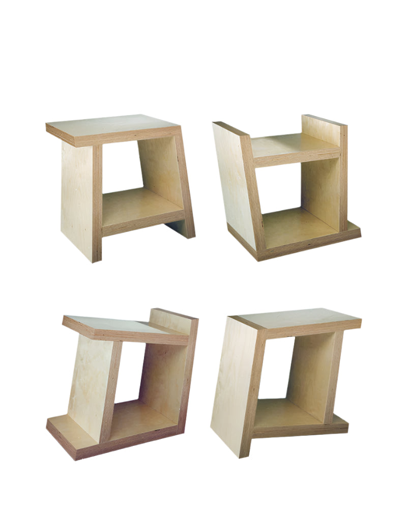 Four wooden side tables with a white surface on a white background